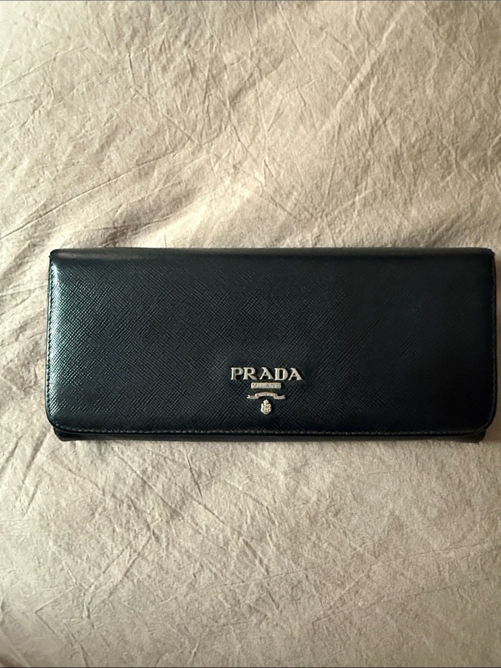 Prada Black Saffiano Long Wallet with Silver Logo